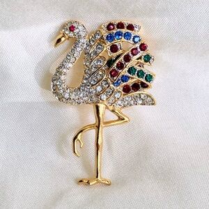 Vintage Colorful Rhinestone Flamingo Bird Shape Brooch, Encrusted Lapel Pin